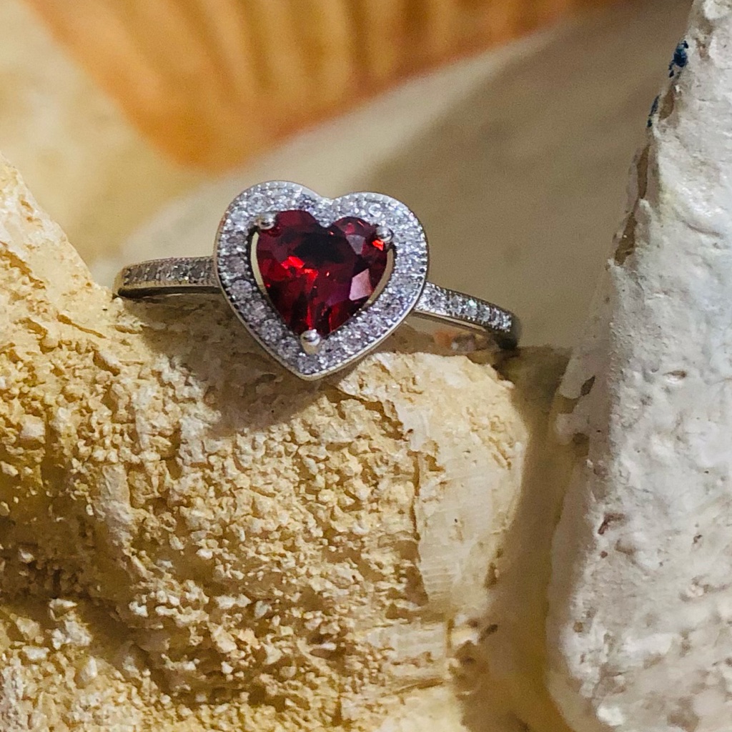 Sterling Silver Heart Garnet Cz And Clear Cz Ring